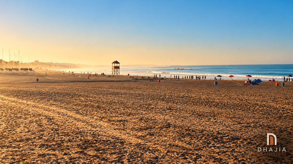 Wide sandy Agadir beach with a lifeguard tower and the Atlantic shoreline