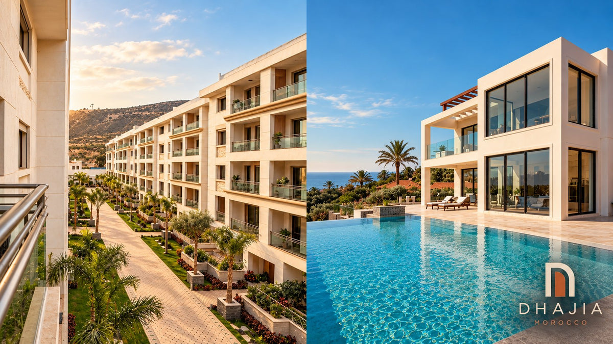 Editorial comparison of an apartment residence and a private villa with swimming pool in a Moroccan coastal setting.