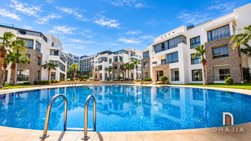 Shared swimming pool surrounded by white apartment buildings and palms at Hivernage, Agadir Bay.