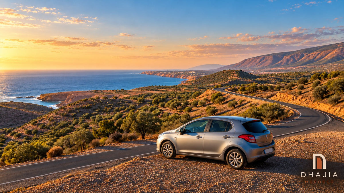 Editorial illustration of a compact car on a coastal road through dry Moroccan hills beside the Atlantic.
