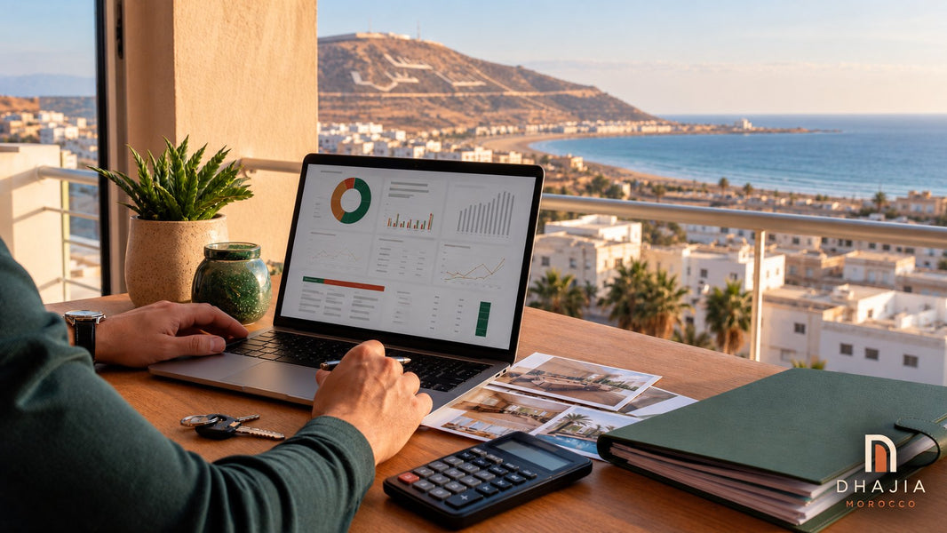 Editorial illustration of a monthly property report on a laptop, with a calculator, keys and coastal views.