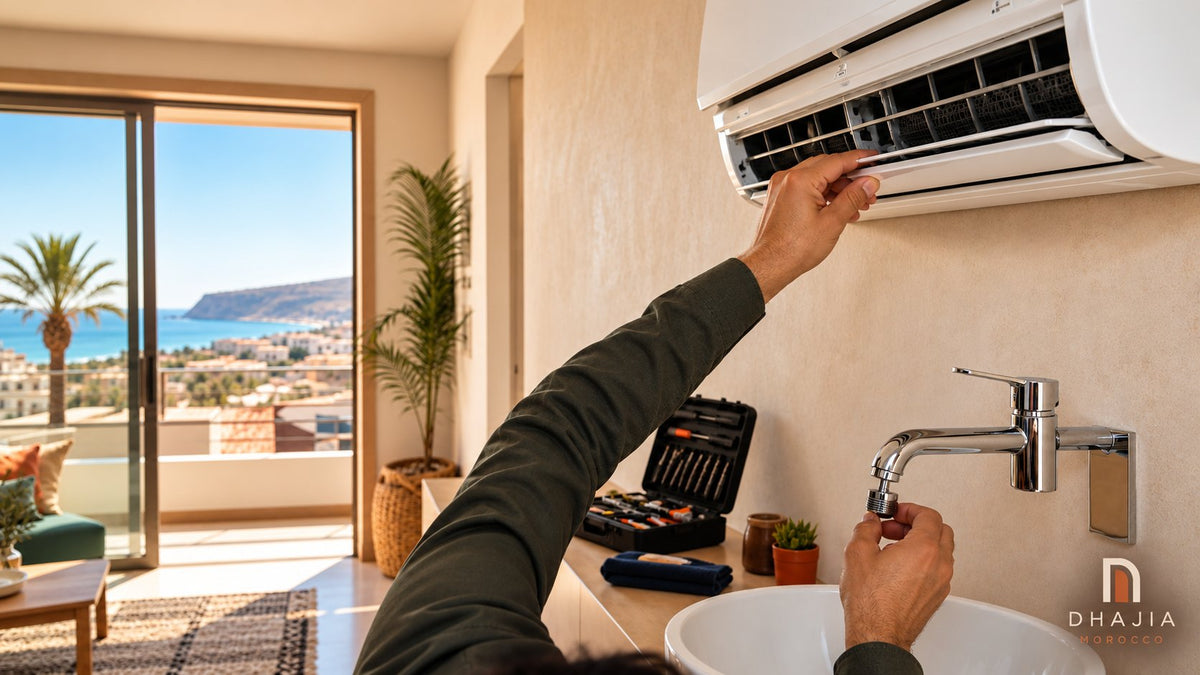 Editorial illustration of air-conditioning and tap maintenance in a Moroccan rental apartment.