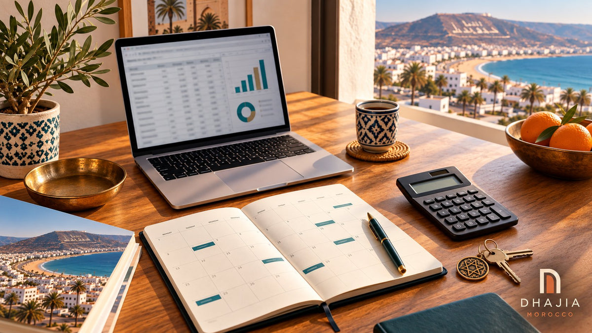 Editorial illustration of rental-yield planning with an occupancy diary, calculator, laptop and apartment keys.