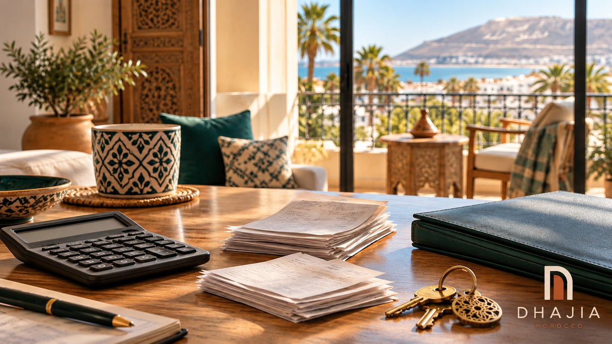 Editorial illustration of management-fee planning with receipts, calculator, property folder and keys in a Moroccan apartment.