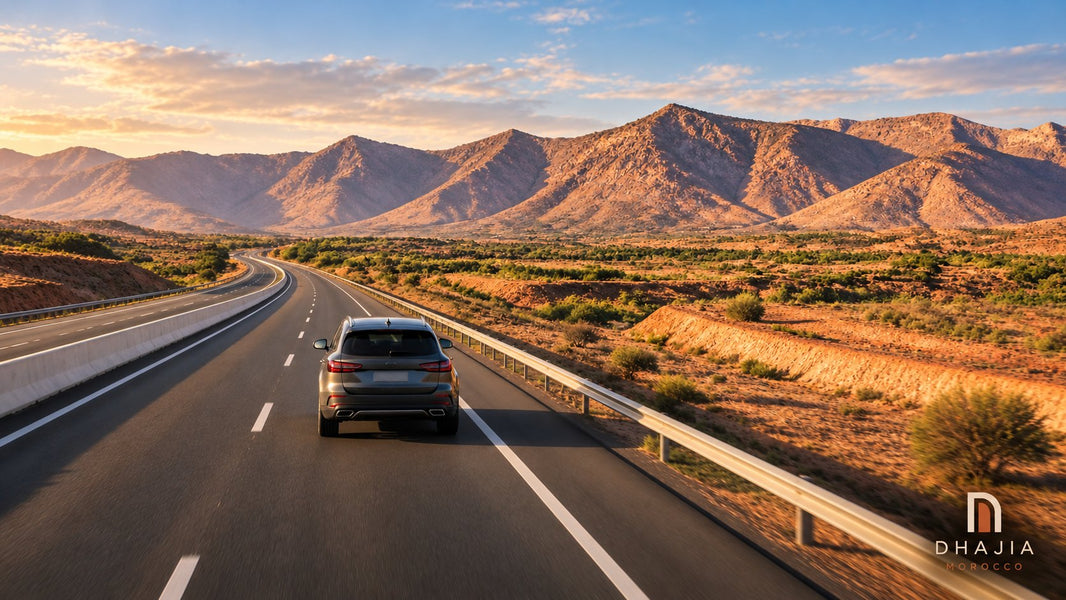 Editorial illustration of a car on a divided highway through dry Moroccan mountain scenery.