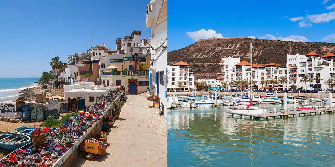 Taghazout coastal village beside Agadir Marina in a side-by-side destination comparison