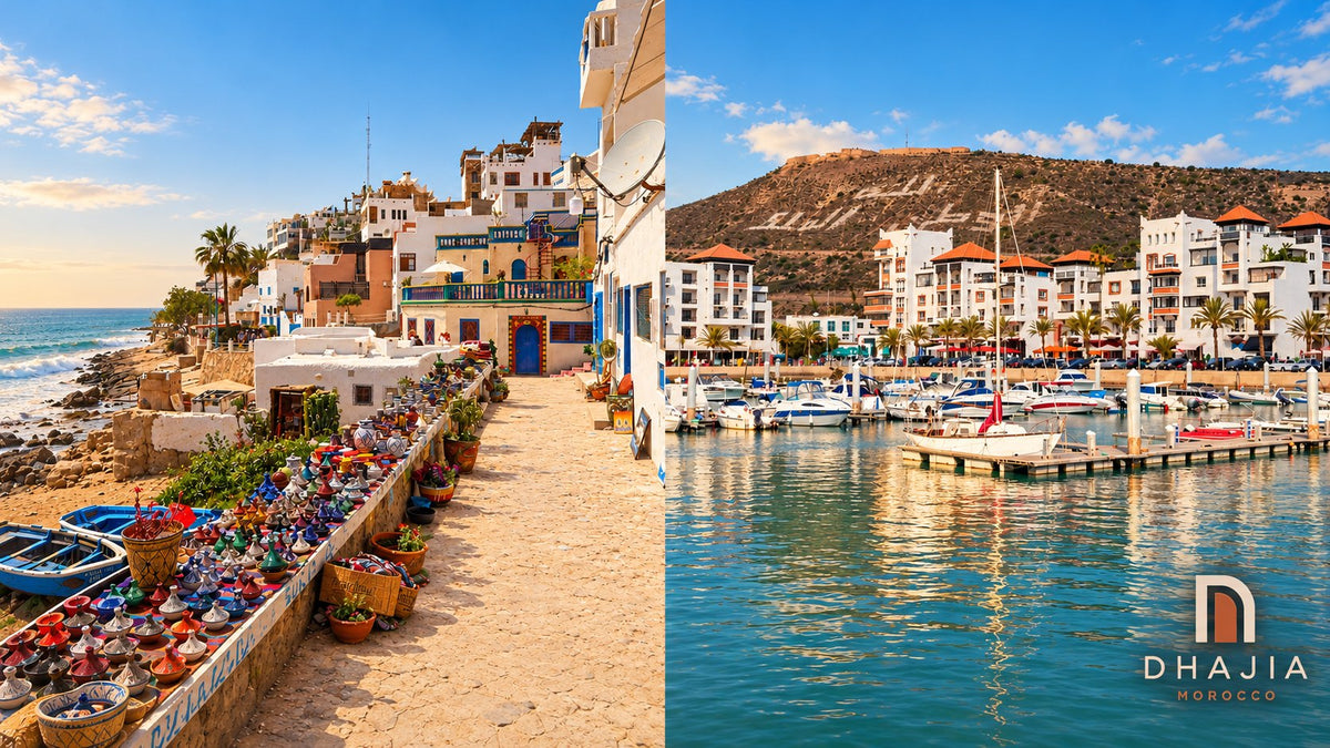 Side-by-side edited views of Taghazout waterfront and Agadir Marina beneath Oufella hillside.