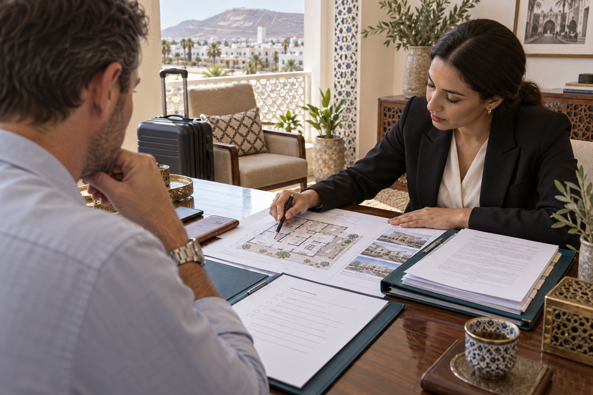 Illustration of a buyer reviewing property documents and floor plans