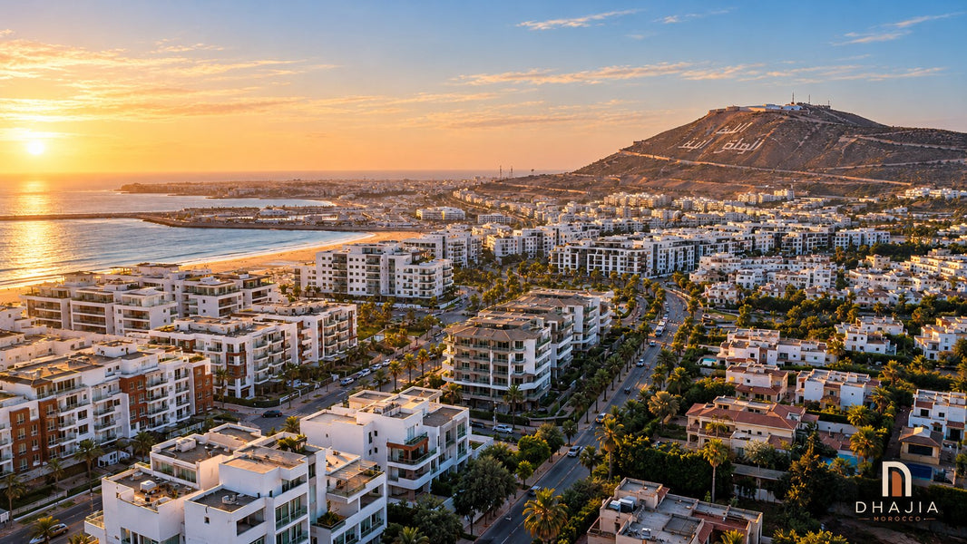 Editorial illustration of pale apartment buildings, palms and Agadir-inspired coastal scenery at sunset.
