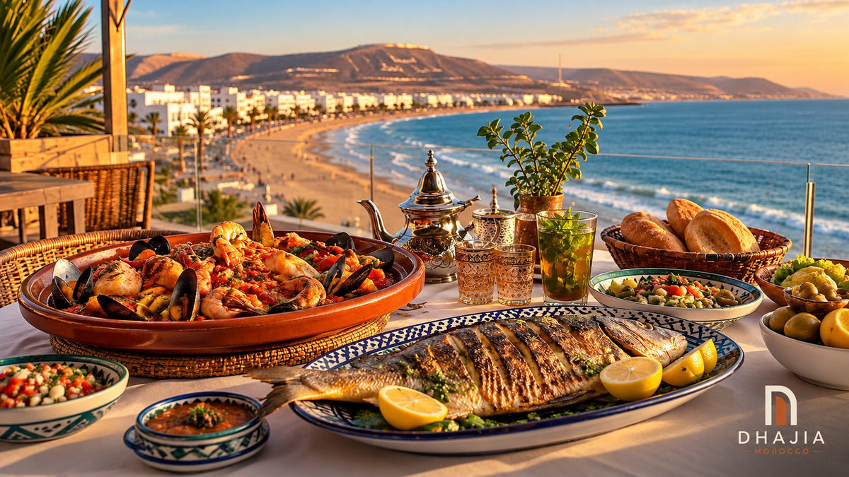 Editorial illustration of Moroccan seafood, grilled fish, mint tea and bread on an Agadir-inspired terrace.