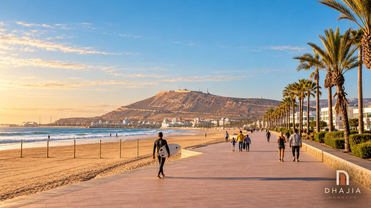 Edited editorial view of Agadir-inspired beachfront promenade with palms, walkers and Oufella hillside.