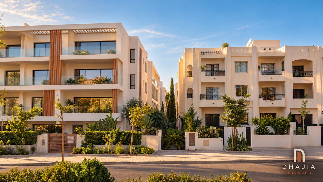 Editorial illustration comparing a modern apartment building with an older Moroccan residential building.