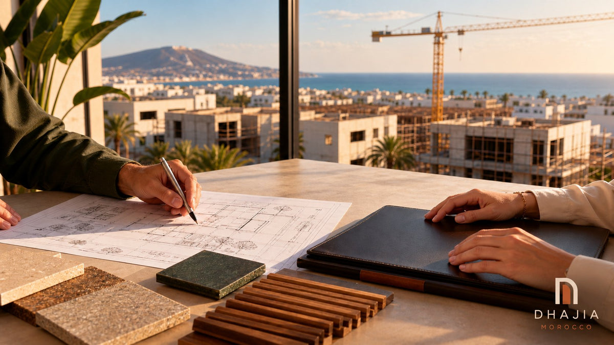 Editorial illustration of buyers reviewing apartment floor plans and materials beside a Moroccan coastal construction site.