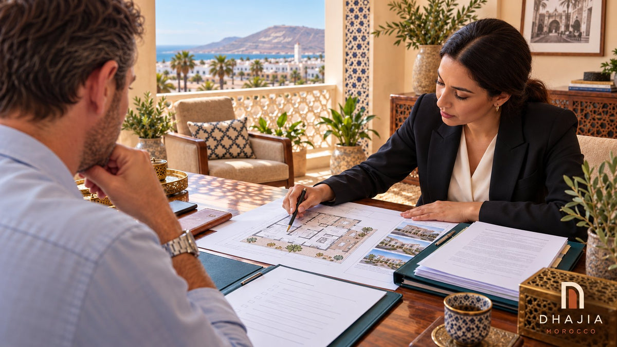Editorial illustration of a buyer and adviser reviewing property floor plans and documents in a Moroccan setting.