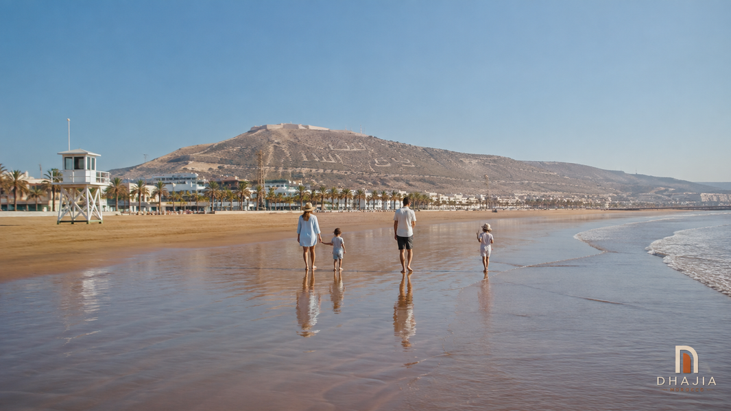 Family enjoying a calm and spacious beach in Agadir