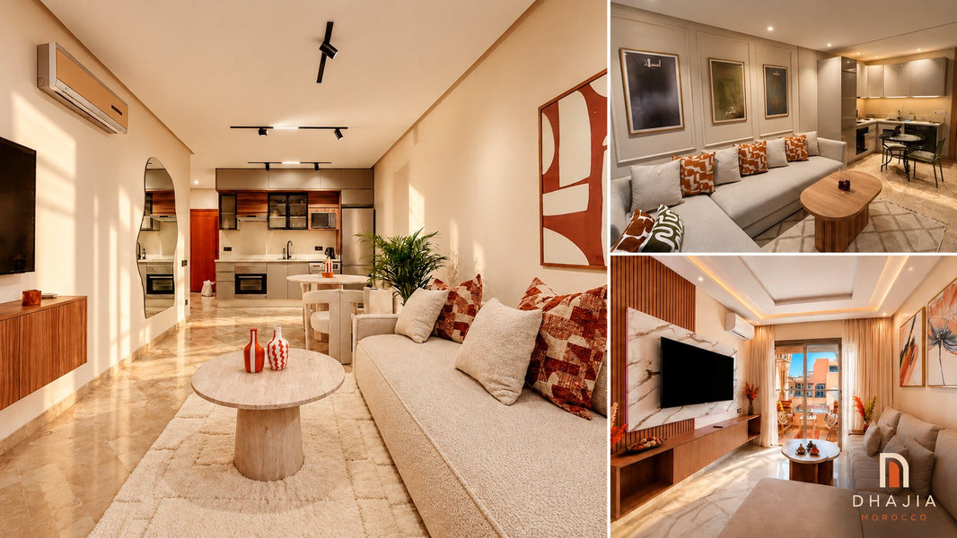 Collage of furnished apartment living rooms with pale sofas, wood finishes, dining space and warm lighting.
