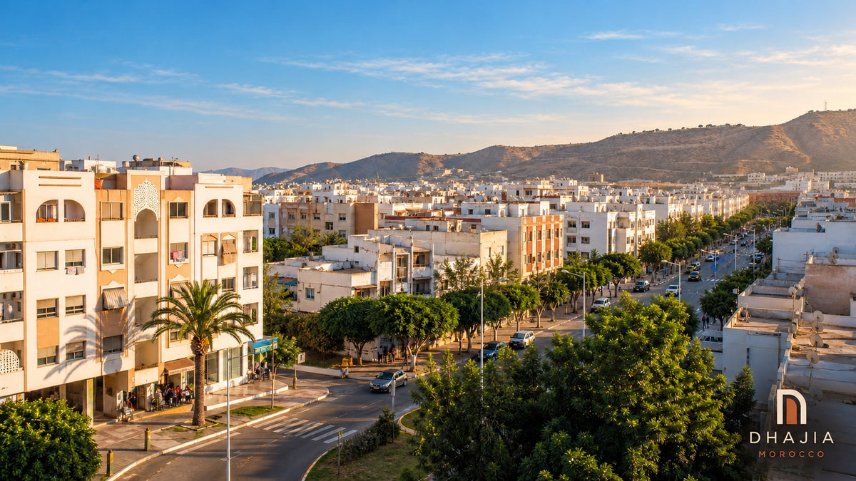 Editorial illustration of a Moroccan residential district with pale apartment buildings, trees and hills.