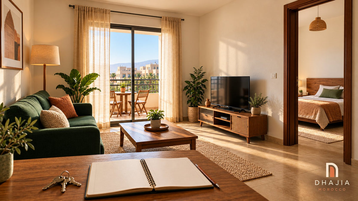 Editorial illustration of a furnished Moroccan apartment with green sofa, balcony, bedroom, keys and viewing notebook.