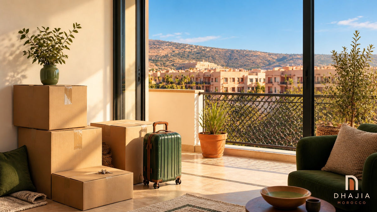 Editorial illustration of moving boxes, apartment keys and a suitcase beside a sunlit Moroccan balcony.