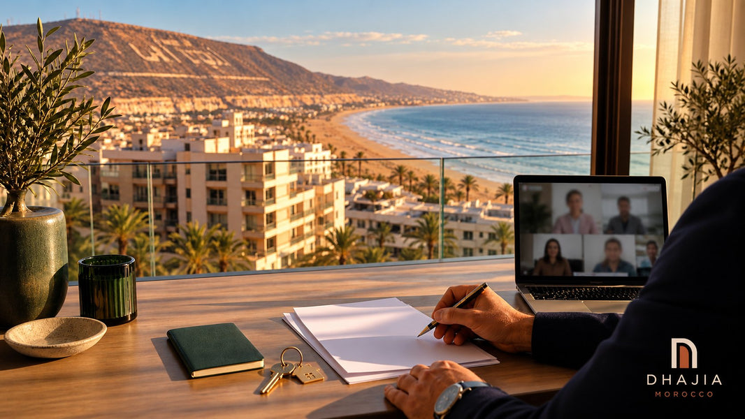 Editorial illustration of overseas property planning with a video call, documents and keys overlooking Agadir-inspired coastal scenery.