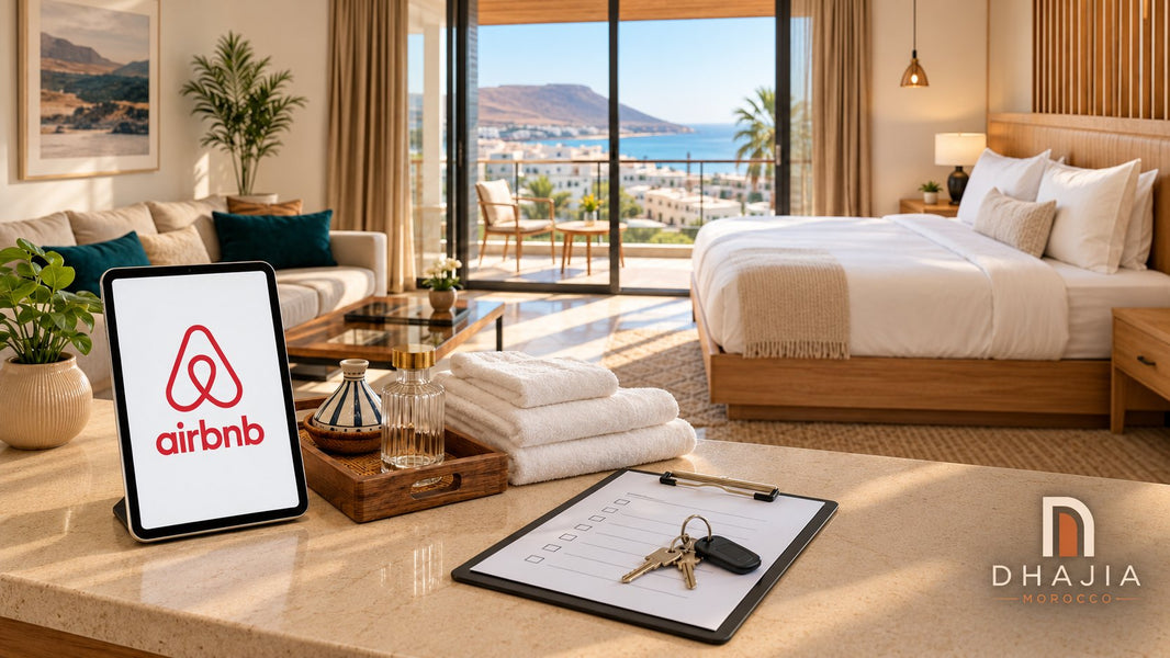Editorial illustration of a guest-ready apartment with fresh towels, toiletries, keys, checklist and Airbnb tablet.