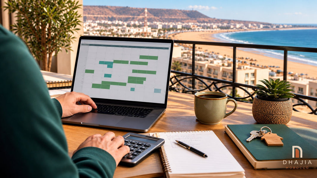 Editorial illustration of holiday-rental pricing with an occupancy calendar, calculator and keys on a Moroccan terrace.