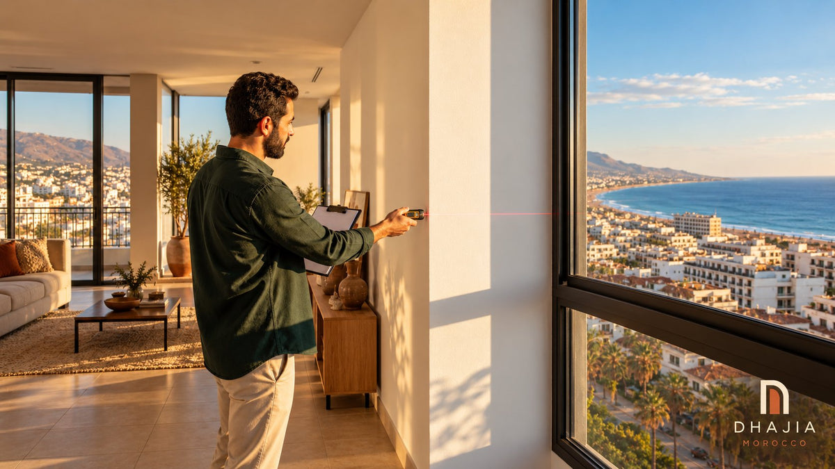 Editorial illustration of an apartment inspection with a laser measure and coastal city views.