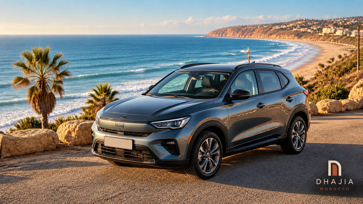Editorial illustration of a grey rental car beside an Atlantic beach and coastal palms in Morocco.