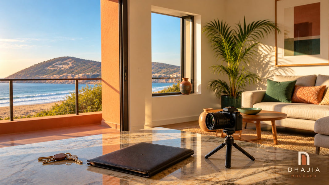 Editorial illustration of a camera, property folder and keys in a sunlit Moroccan apartment prepared for sale.