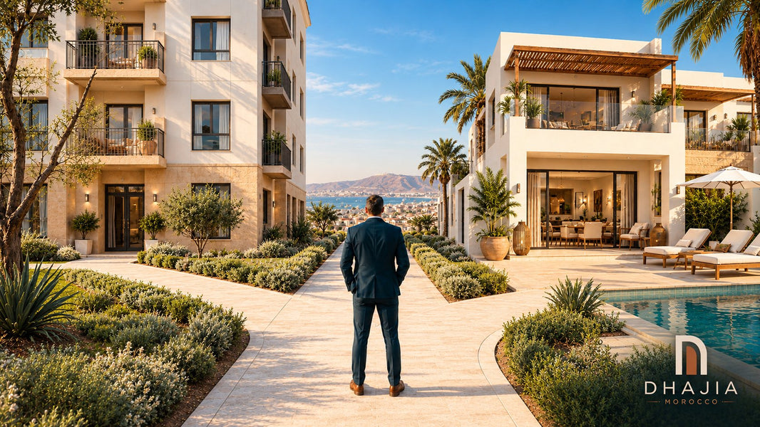 Editorial illustration comparing a residential apartment and a holiday villa with pool in a Moroccan coastal setting.