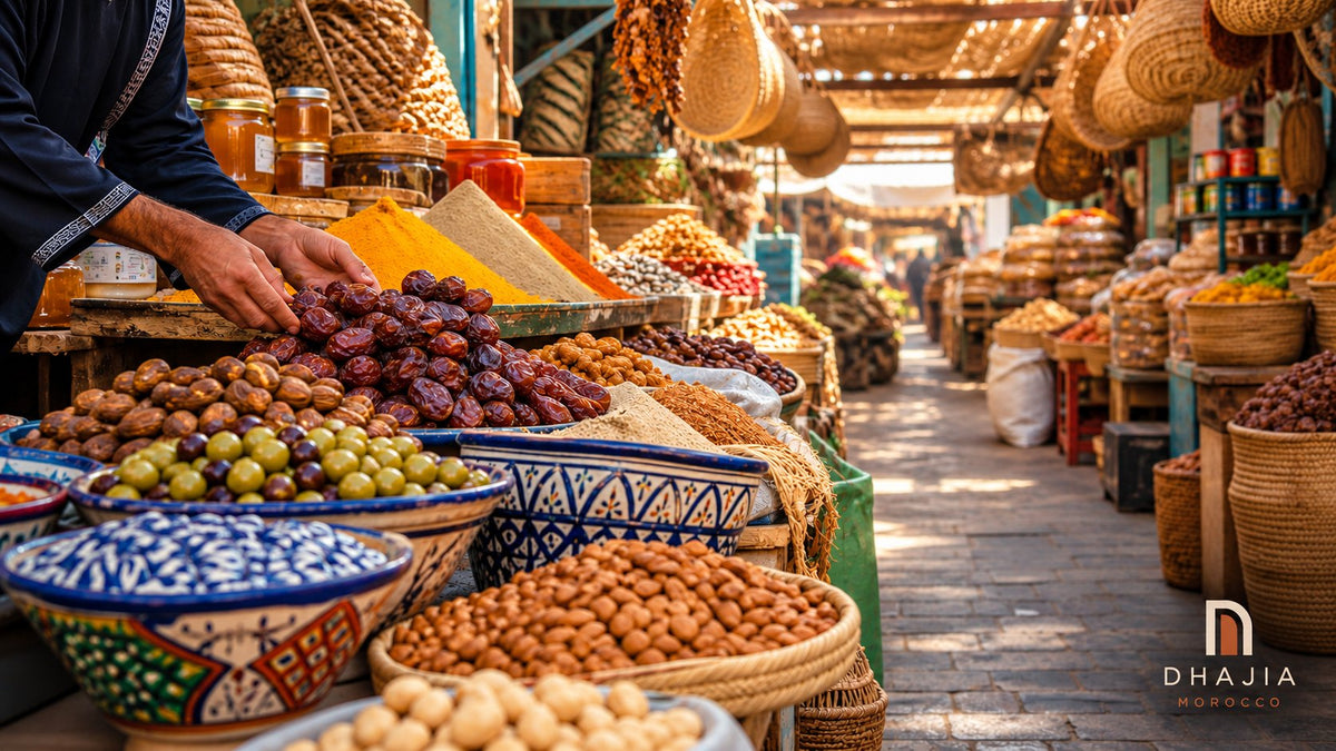 Editorial illustration of dates, olives, spices and woven baskets at a traditional Moroccan market stall.