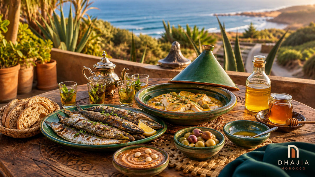Editorial illustration of grilled sardines, tagine, mint tea, bread and olives on a Moroccan coastal terrace.