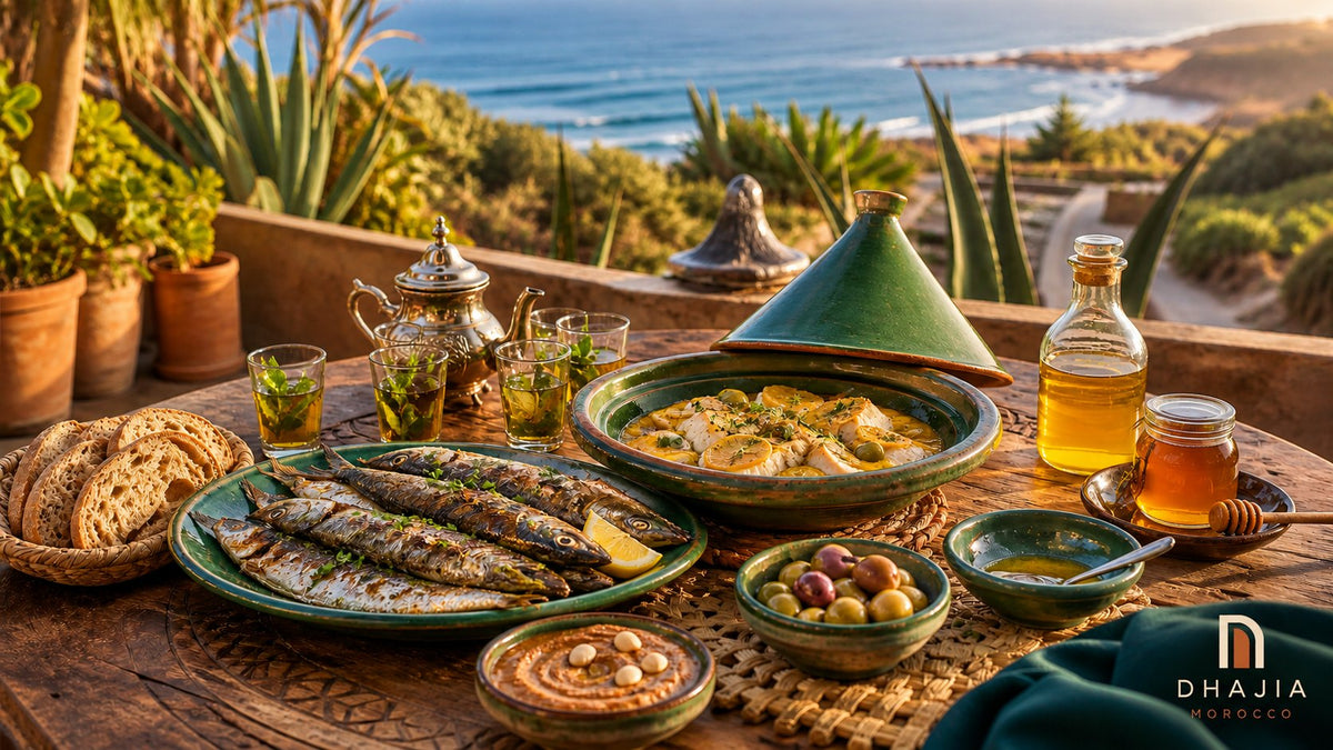 Editorial illustration of grilled sardines, tagine, mint tea, bread and olives on a Moroccan coastal terrace.