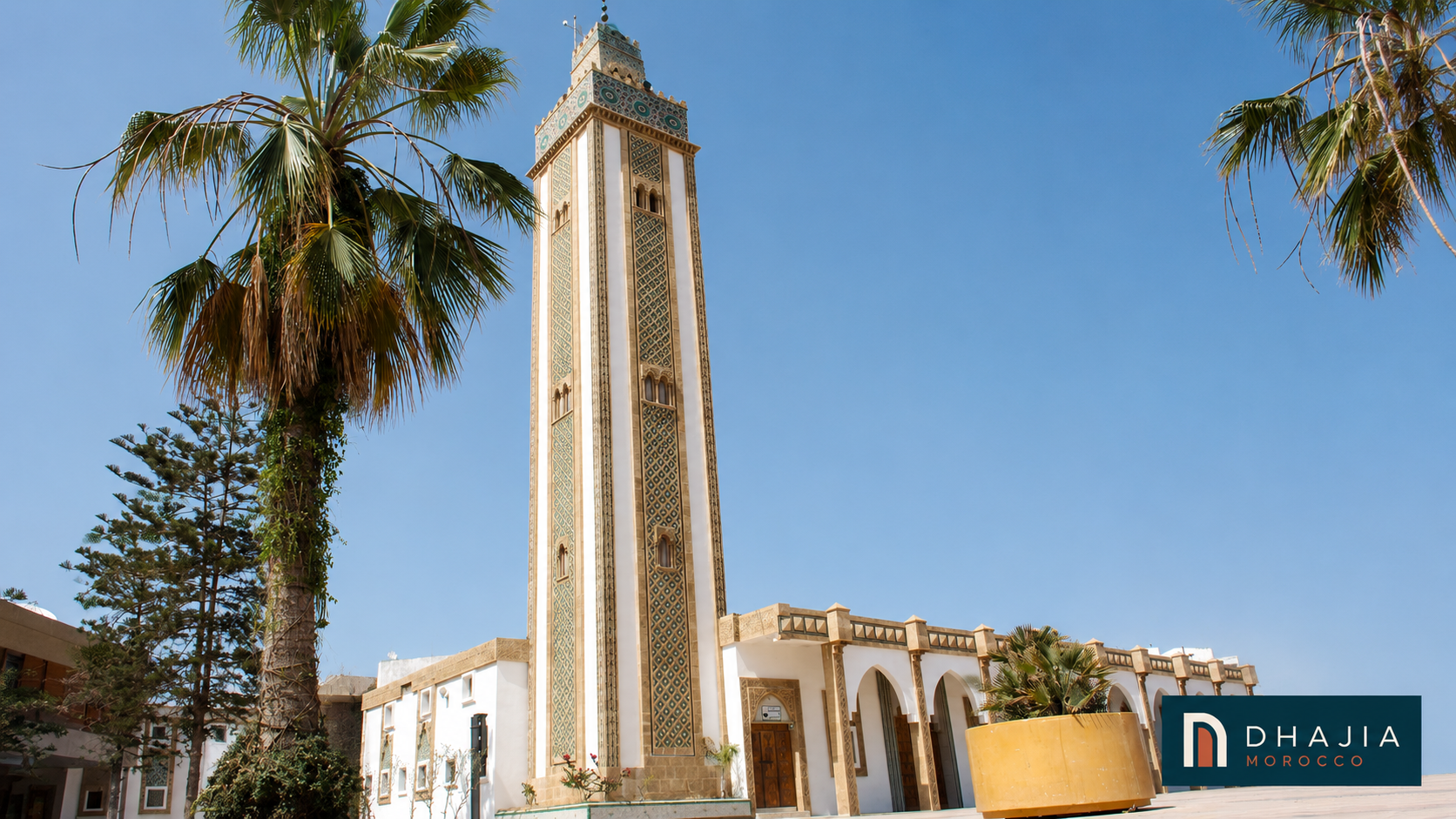 Talborjt mosque and palm trees in central Agadir, Morocco