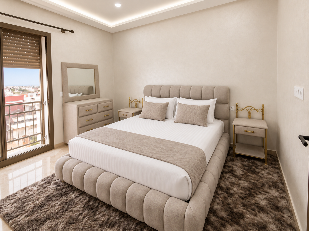 Double bedroom with balcony doors at the Premium holiday apartment near Agadir Bay
