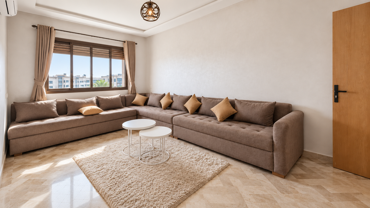 Living room with grey corner sofa at the Premium holiday apartment near Agadir Bay — DHAJIA Morocco
