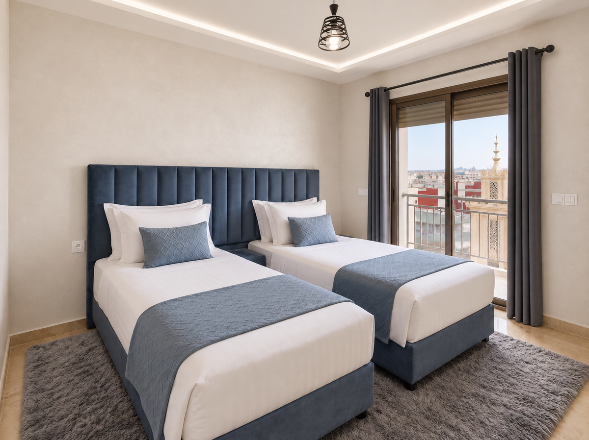 Twin bedroom with blue headboards at the Premium holiday apartment near Agadir Bay
