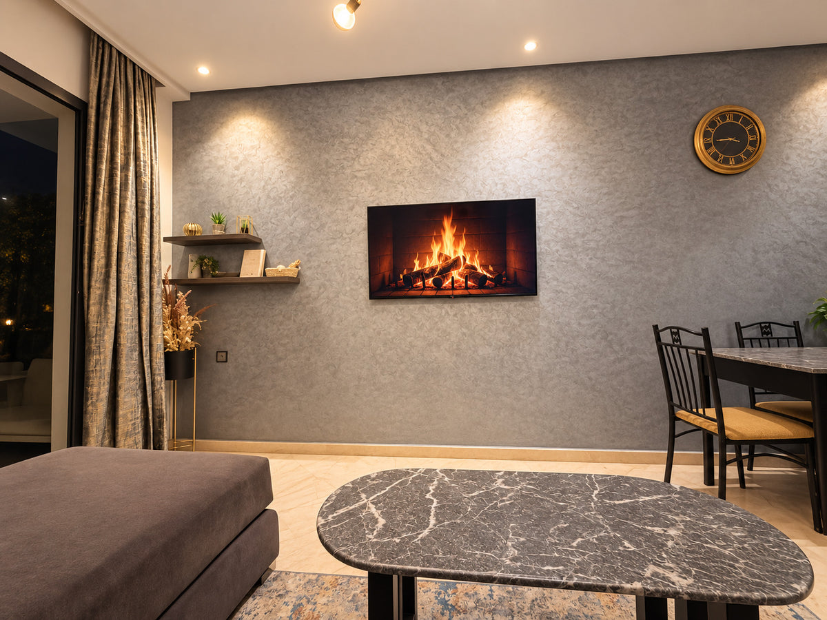 DHAJIA Morocco Hivernage Agadir Bay apartment living room with smart TV fireplace