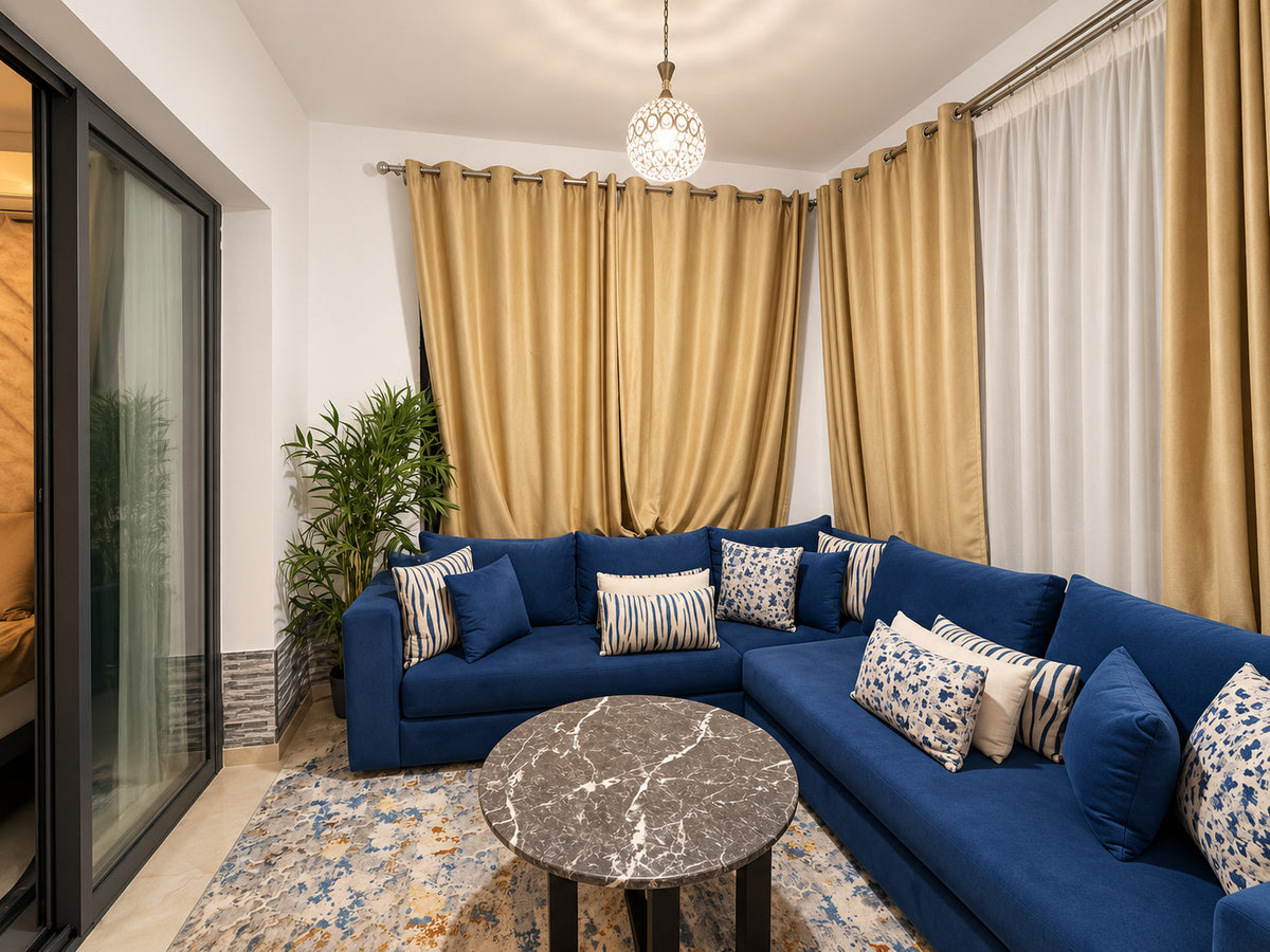 DHAJIA Morocco Hivernage Agadir Bay apartment blue lounge and seating area