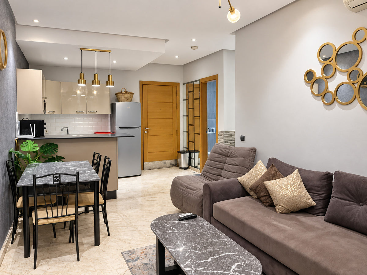 DHAJIA Morocco Hivernage Agadir Bay apartment living and kitchen area