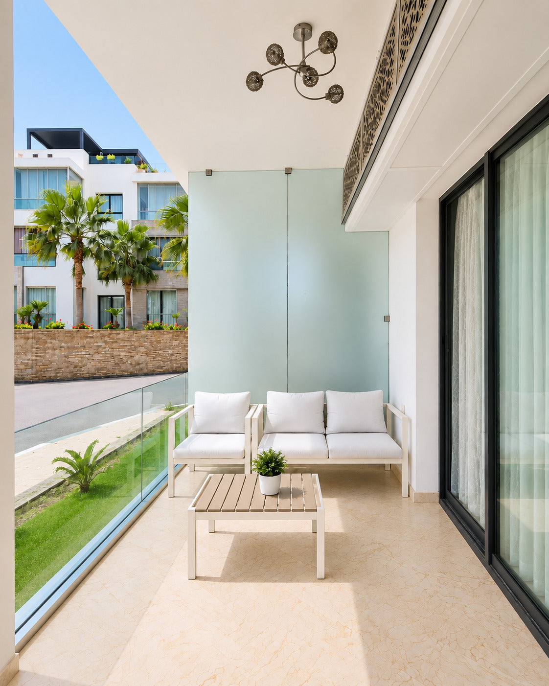 DHAJIA Morocco Hivernage Agadir Bay apartment balcony seating with residence view