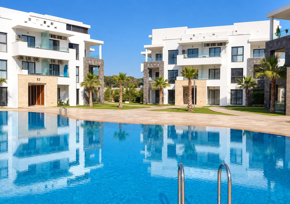 DHAJIA Morocco Hivernage Agadir Bay pool reflection and residence buildings