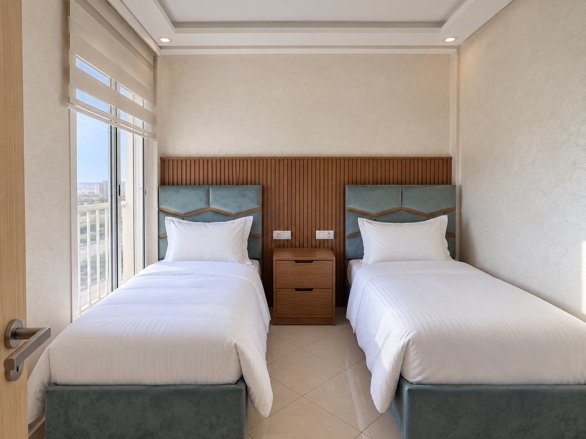 Twin bedroom with wooden headboards at the Hay Mohammadi Premium holiday apartment, Agadir