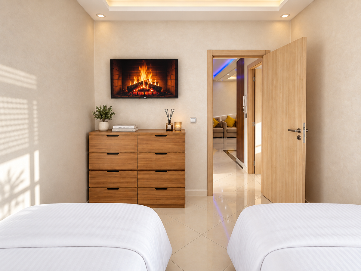 Twin bedroom facing television wall at the Hay Mohammadi Premium holiday apartment, Agadir