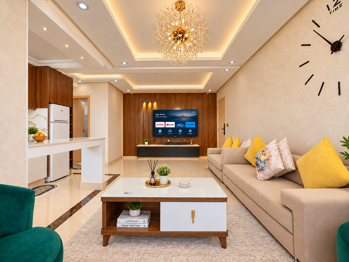 Living room with television and yellow cushions at the Hay Mohammadi Premium holiday apartment, Agadir — DHAJIA Morocco
