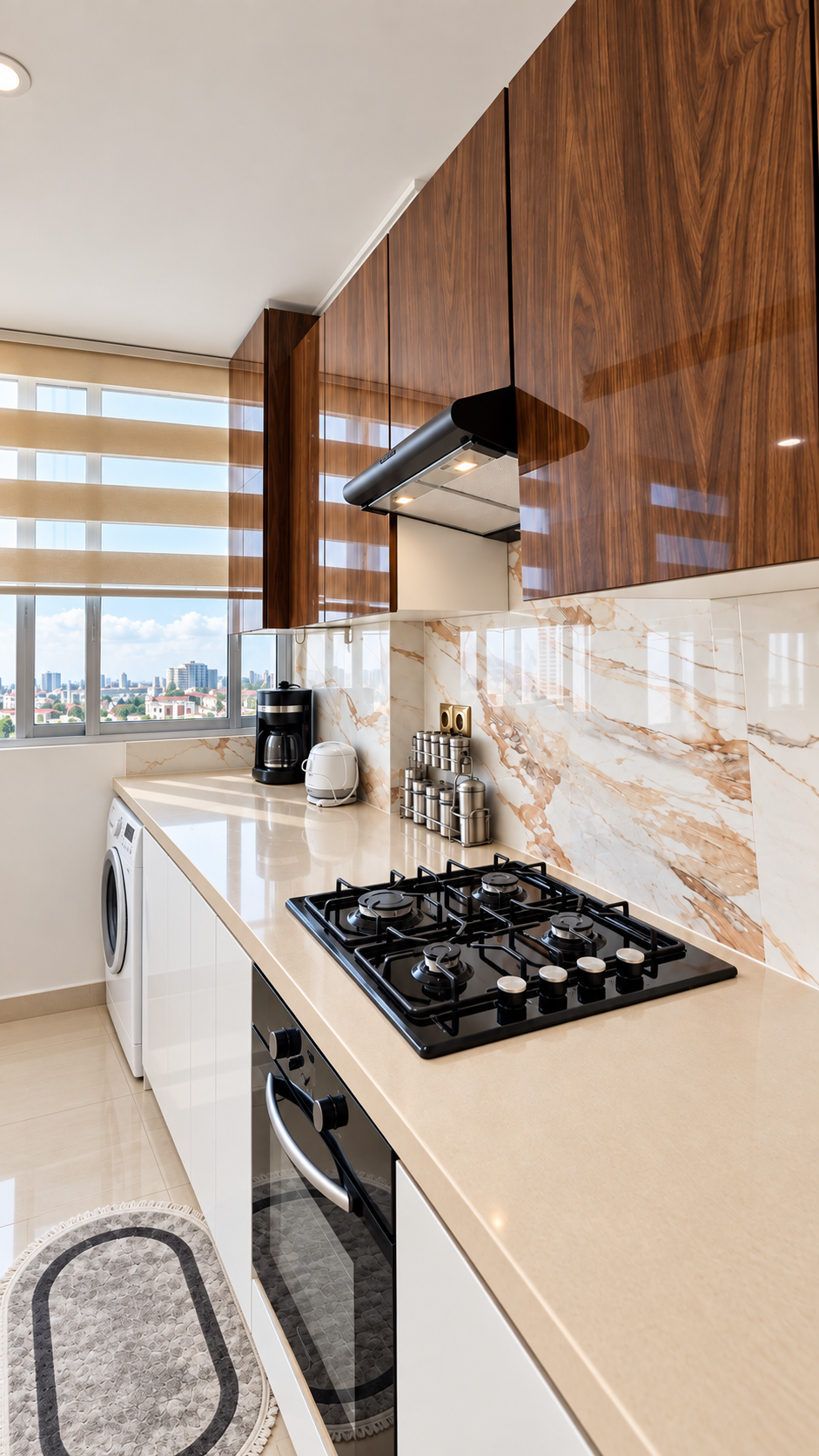Kitchen hob and wooden cabinets at the Hay Mohammadi Premium holiday apartment, Agadir