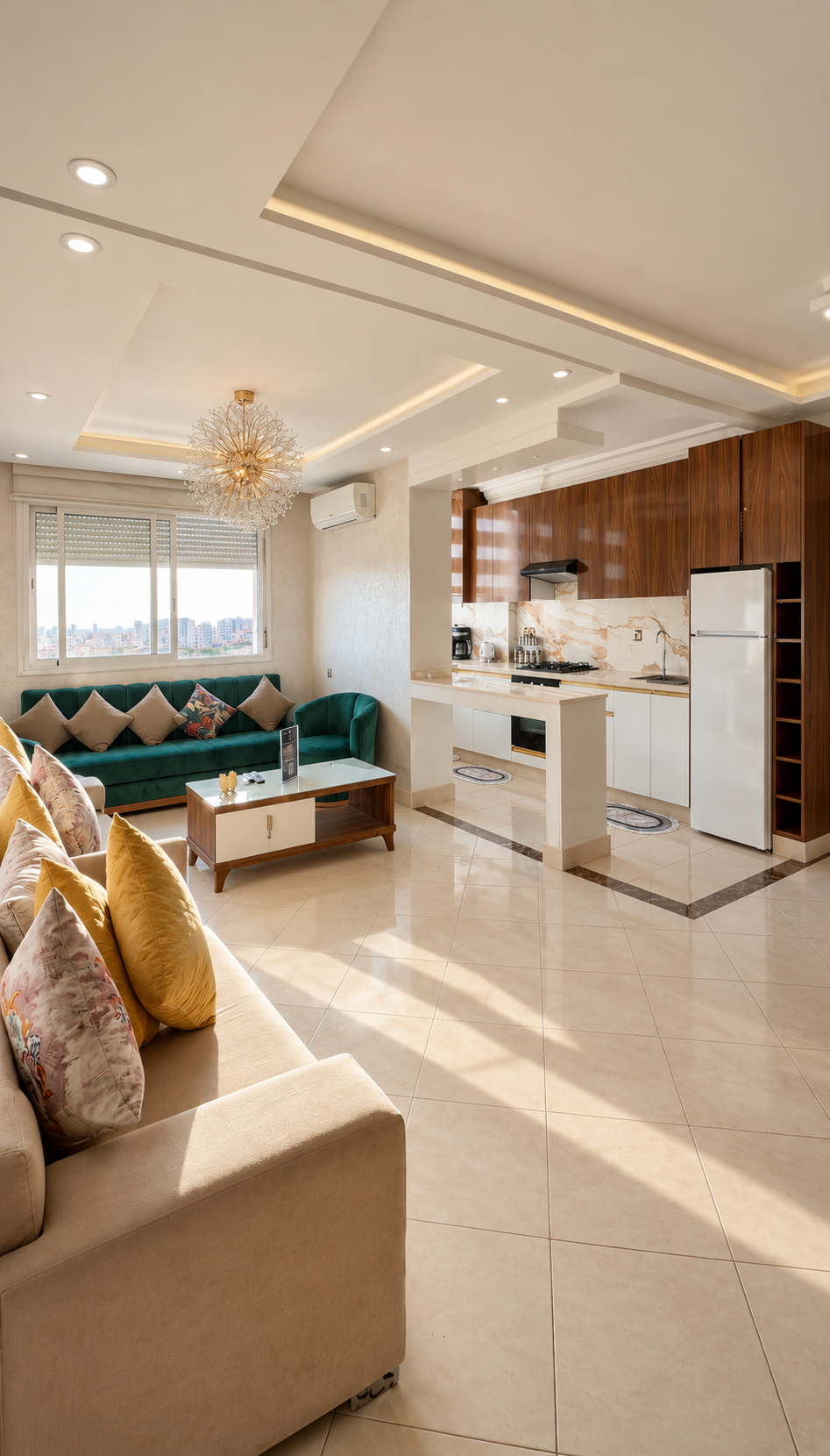 Open-plan living room and kitchen at the Hay Mohammadi Premium holiday apartment, Agadir