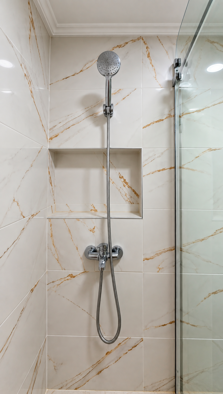 Shower fixtures and tiled shower at the Hay Mohammadi Premium holiday apartment, Agadir