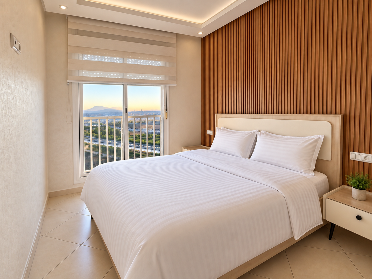 Double bedroom beside window at the Hay Mohammadi Premium holiday apartment, Agadir