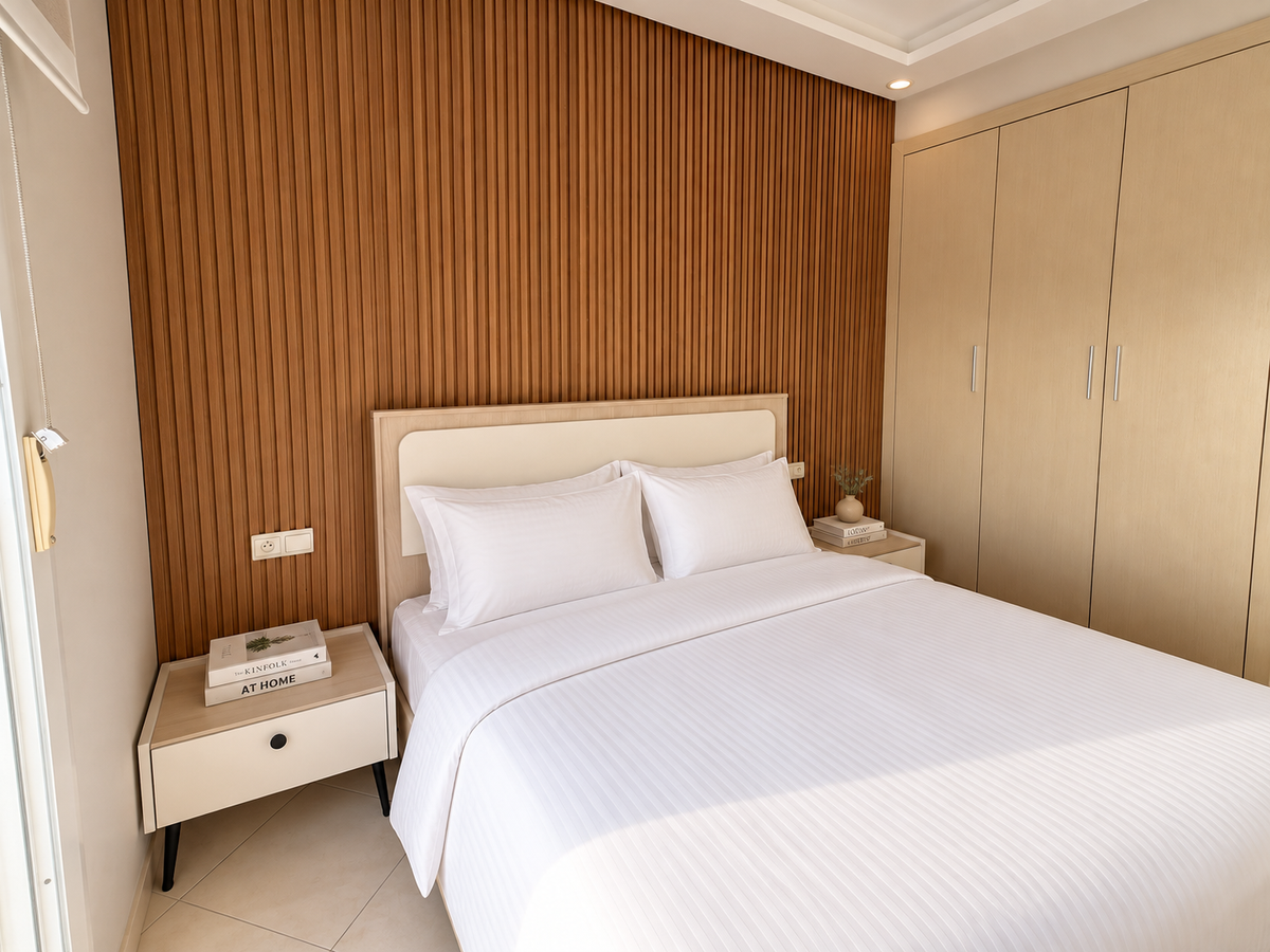 Double bedroom with wooden feature wall at the Hay Mohammadi Premium holiday apartment, Agadir